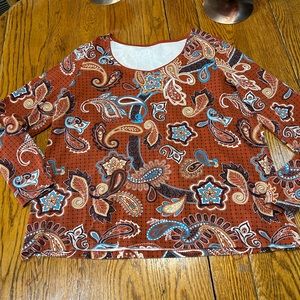 Kim Rogers rust/blue paisley print pullover top.  Size XXL.  Good condition.